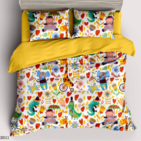 Lenjerie pat Single, BUMBAC 100% Percal, cu 2 Fețe, 4 piese, Alb, Galben, Animale Sălbatice, Flori [1]