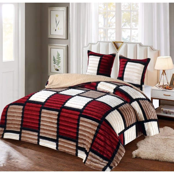 Pilota CoCoLiNo Frizzy cu blanita, matlasata, 200x230cm, cu fete de perna 60x60cm, Crem, Rosu, patratele [1]