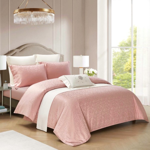 Lenjerie de Pat Dublu, Jacquard Finetat – 4 Piese, Luciu Satinat Rafinat  și Confort Premium, Somon [1]
