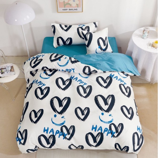 Lenjerie pat 140x200cm,  FINET, 4 piese, cu ELASTIC, Bleu-Negru, inimioare [1]