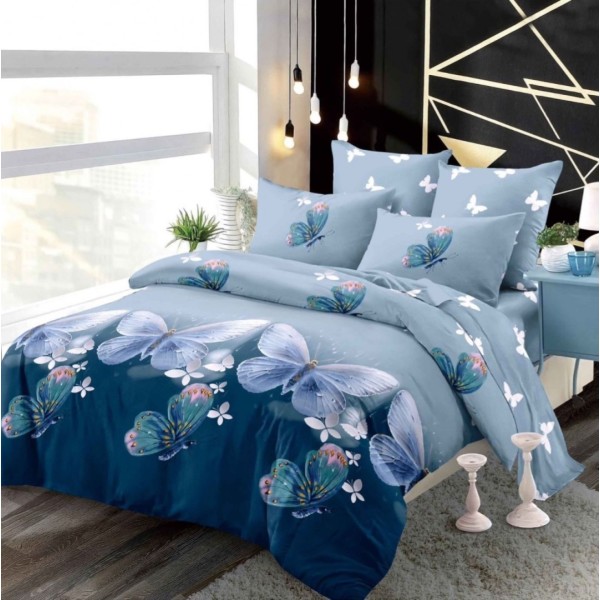 Lenjerie pat dublu,  FINET, cu elastic, 6 piese, Albastru. fluturi [1]