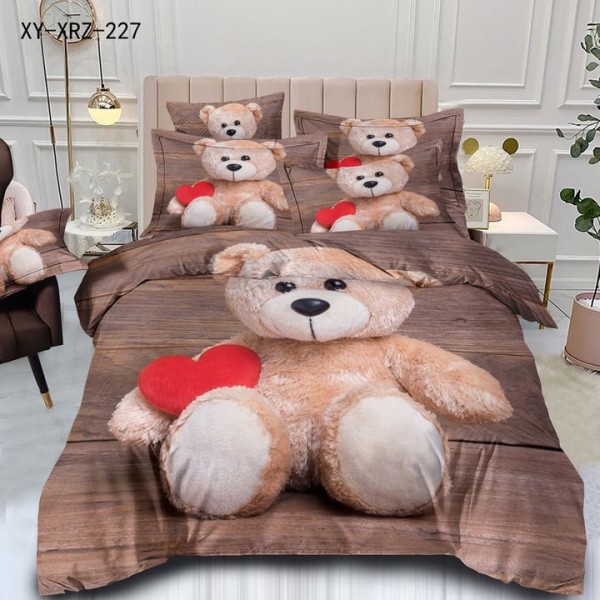 Lenjerie de Pat Dublu,  Finet, 6 piese, Imprimeu 3D Digital Realist, Exact ca in Poza – Culori Durabile, Vopsea Skin-Friendly si intretinere Usoara, Maro, ursuleti [1]