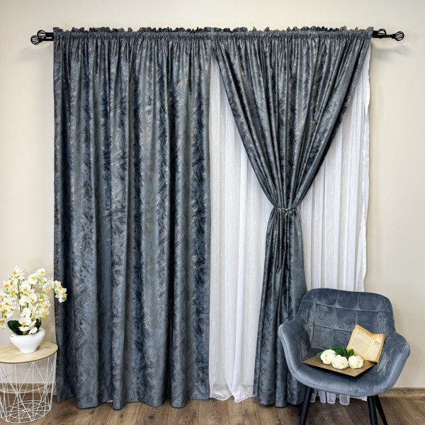 Set 2 Draperii Catifea MYKONOS cu valuri rafinate aurii - 2m latime x 2.50m inaltime x Tiv lat, Gri inchis - V11 [1]