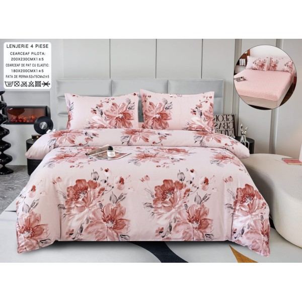 Lenjerie pat dublu, bumbac satinat,  Cearsaf cu ELASTIC 180x200cm, 4 PIESE, Somon, flori [1]