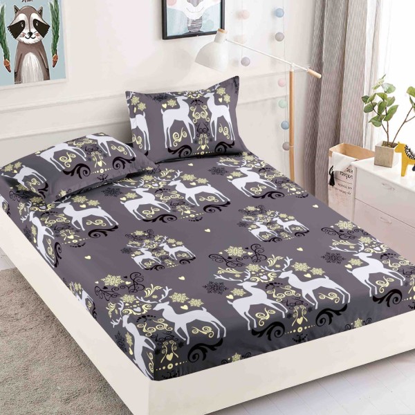 Cearsaf cu elastic, Bumbac FINET, 160/180x200cm, 2 fete de perne 50x70cm, Craciun, Jojo Home, Gri, reni [1]
