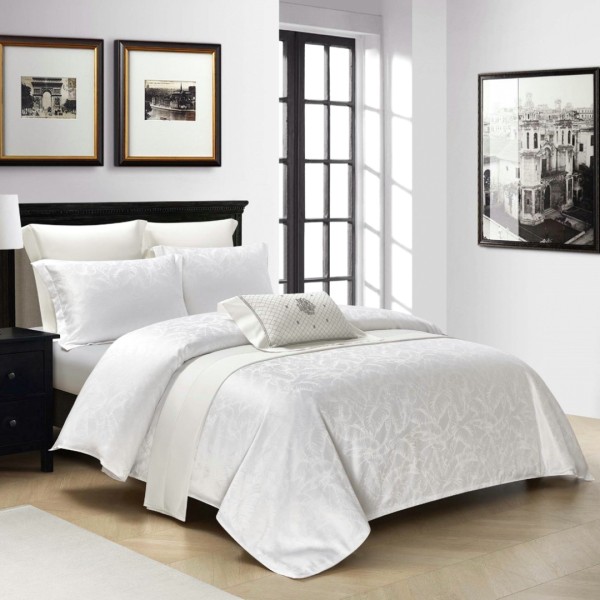Lenjerie de Pat Dublu, Jacquard Finetat – 4 Piese, Luciu Satinat Rafinat și Confort Premium, Alb [1]