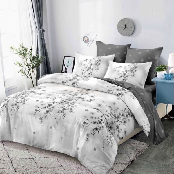 Lenjerie pat dublu,  FINET, cu elastic, 6 piese, Gri, Flori [1]