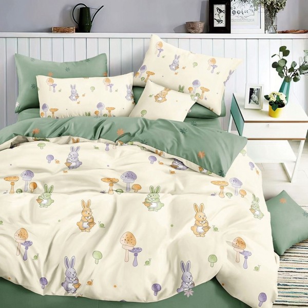 Lenjerie pat 140x200cm, 4 piese, cu ELASTIC,  Verde, iepurasi [1]