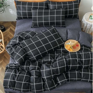 Lenjerie pat 140x200cm, 4 piese, cu ELASTIC,  Gri, patratele Lenjerie pat 140x200cm, 4 piese, cu ELASTIC,  Gri, patratele