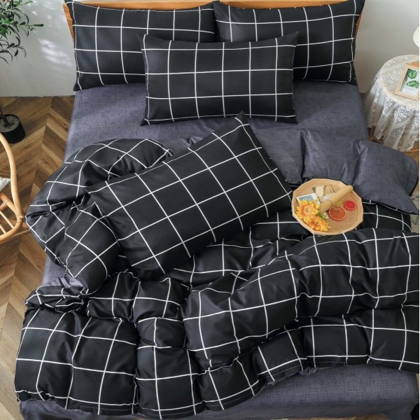Lenjerie pat 140x200cm, 4 piese, cu ELASTIC,  Gri, patratele [1]