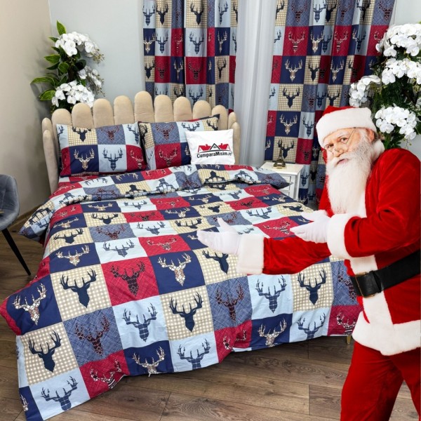Set Lenjerie Pat Dublu Crăciun 4 Piese + 2 Draperii 150x235cm din Bumbac Ranforsat – Confort și Eleganță, Fabricat în România, Crem, Albastru, Roșu, reni, patratele [1]