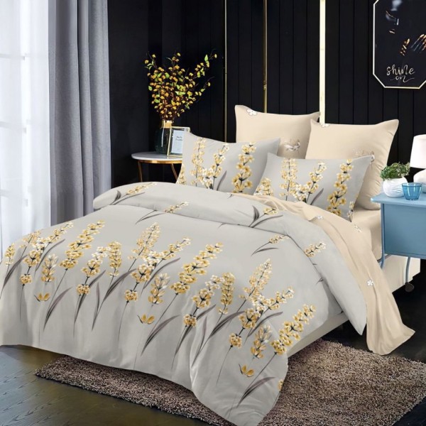 Lenjerie pat dublu,  FINET, cu elastic, 6 piese, Gri, Crem, Flori [1]