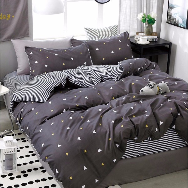 Lenjerie pat dublu (140x200cm, 160x200cm, 180x200cm), bumbac satinat, cearsaf clasic, 4 piese,  Gri, forme geometrice [1]