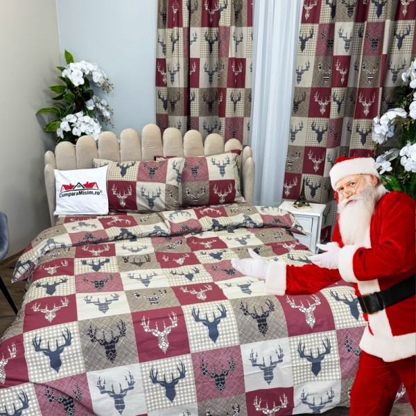 Set Lenjerie Pat Dublu Crăciun 4 Piese + 2 Draperii 150x235cm din Bumbac Ranforsat – Confort și Eleganță, Fabricat în România, Roșu, Bej, pătrățele, reni [1]