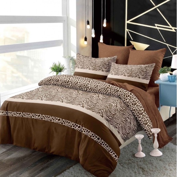 Lenjerie pat dublu,  FINET, cu elastic, 6 piese, Maro, Bej, Animal Print, Dungi [1]