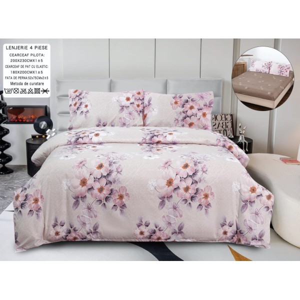 Lenjerie pat dublu, bumbac satinat,  Cearsaf cu ELASTIC 180x200cm, 4 PIESE, Bej, Roz, flori [1]