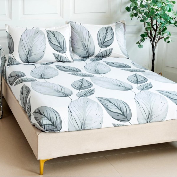 Cearsaf cu elastic, Bumbac Satinat, 160/180x200cm, 2 fete de perne 50x70cm, Gri, frunze [1]