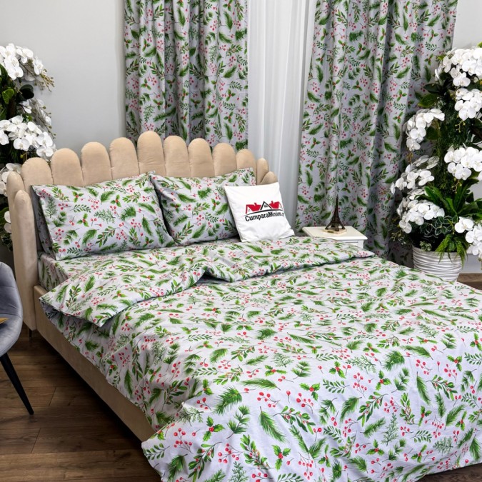 Set Lenjerie Pat Dublu Crăciun 4 Piese + 2 Draperii 150x235cm din Bumbac Ranforsat – Confort și Eleganță, Fabricat în România, Gri, Verde, crenguțe de brad, vasc