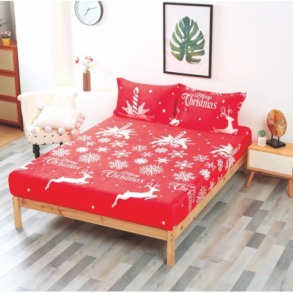 Cearsaf cu elastic CoCoLiNo Polar, 180x200x25cm, 2 fete de perne 50x70cm, Rosu, Alb, Merry Christmas, reni, fulgi de nea [1]