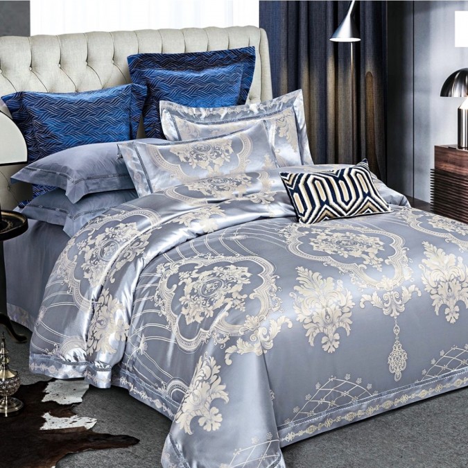 Lenjerie de Pat Dublu  Jacquard Premium Satinat  Set 6 Piese  Calitate Superioară  Luciu Elegant și Confort Desăvârșit  Albastru deschis