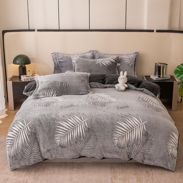 Lenjerie pat 1 PERSOANA, Super Pufoasa COCOLINO, 4 piese, Jojo Home, Gri, frunze [1]