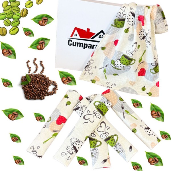 Set de 6 Prosoape Waffle, 30x50cm, pentru Bucatarie, Bumbac 100% Gofre, Atelier CumparaMisim, Crem, Verde, Cafea [1]