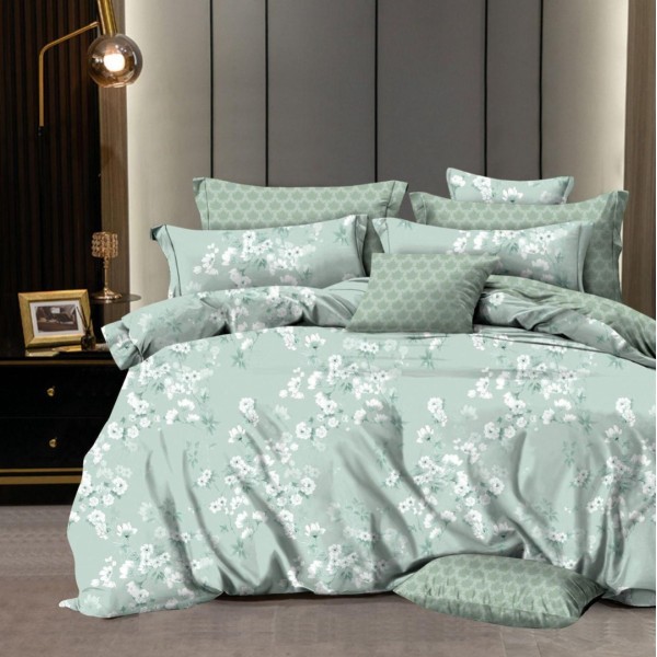 Lenjerie pat dublu,  FINET, 6 piese, Verde, flori [1]