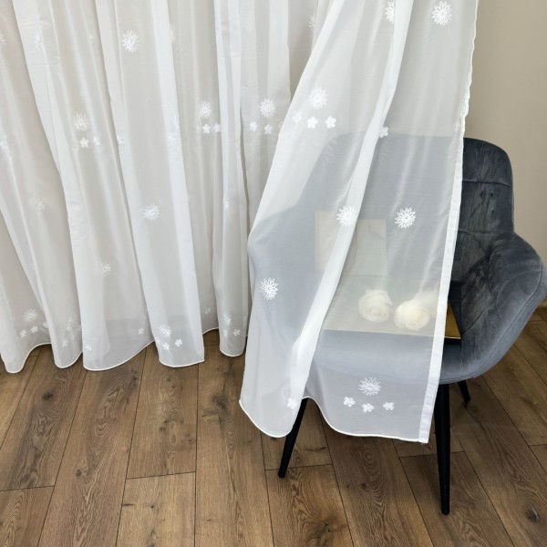 Perdea Crina din Voal Brodat - 600cm x 240cm ,Rejansa pt. bara , model cu flori, Ivoire [1]