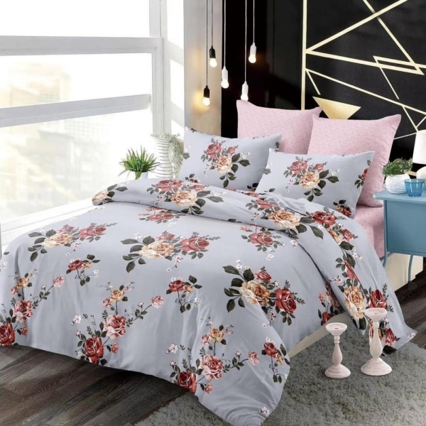 Lenjerie pat dublu,  FINET, cu elastic, 6 piese, Gri, Roz, Flori [1]