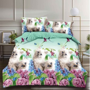 Lenjerie pat dublu (140x200cm, 160x200cm, 180x200cm), cearsaf clasic, imprimeu 3D, Bleu, flori, pisici