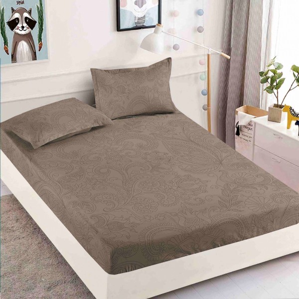 Cearsaf cu elastic, Bumbac FINET, 160/180x200cm, 2 fete de perne 50x70cm, Jojo Home, Maro, model floral [1]