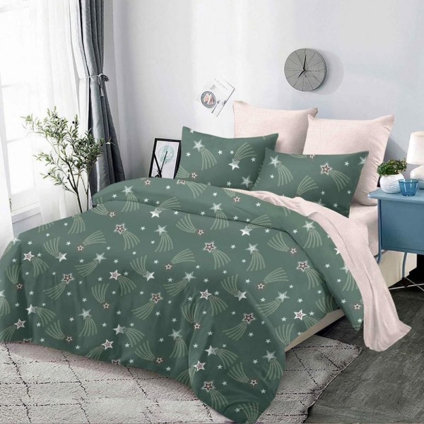 Lenjerie pat dublu,  FINET, cu elastic, 6 piese, Verde, Bej, stelute [1]