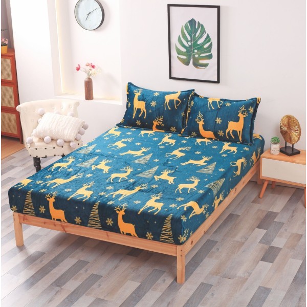 Cearsaf cu elastic CoCoLiNo Polar, 180x200x25cm, 2 fete de perne 50x70cm, Albastru petrol, reni [1]