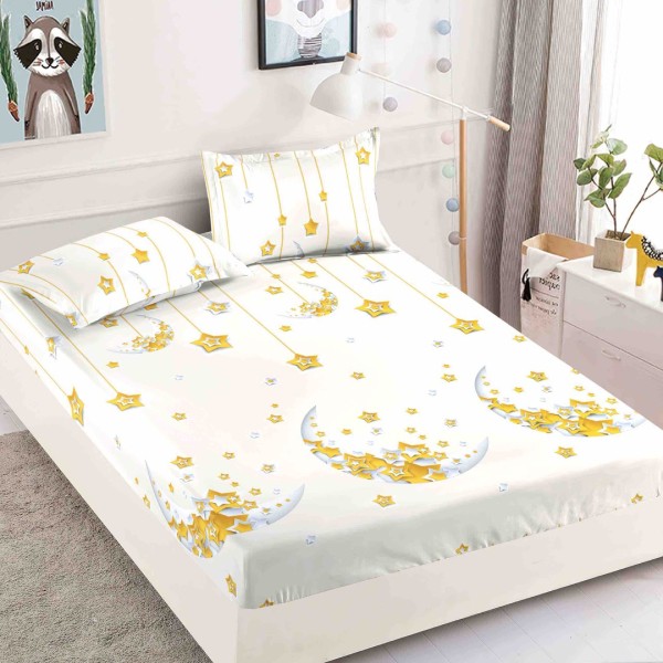 Cearsaf cu elastic, Bumbac FINET, 160/180x200cm, 2 fete de perne 50x70cm, Jojo Home, Galben, stelute [1]