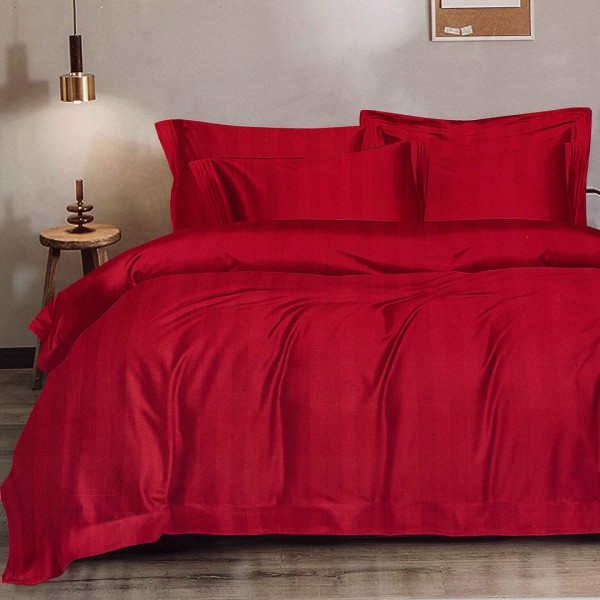 Lenjerie HoReCa DeLuxe, pat dublu, Damasc cu Dunga latã de 3cm, 6 piese, cearșaf cu ELASTIC, Rosu [1]