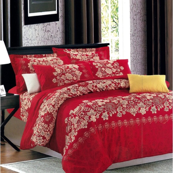 Lenjerie pat dublu,  FINET, 6 piese, Rosu, model floral [1]