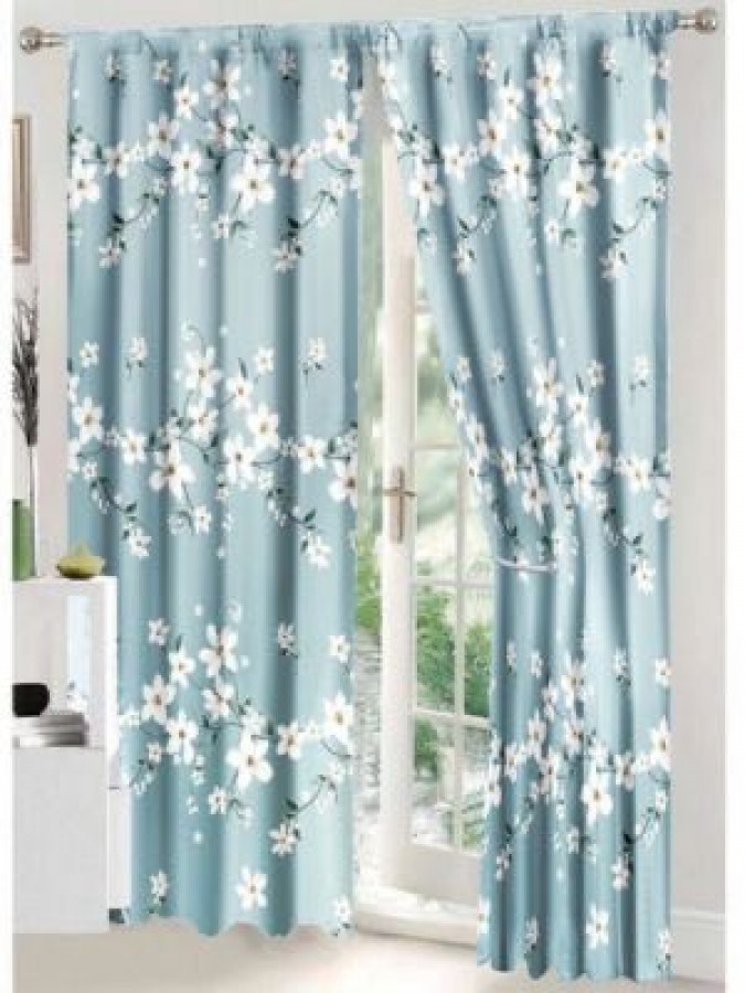 Lenjerie pat dublu, BUMBAC FINET, 8 piese, cu 2 DRAPERII INCLUSE, Bleu, flori