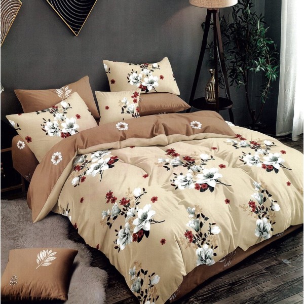 Lenjerie pat dublu,  FINET, 6 piese, cu ELASTIC, Bej, flori [1]