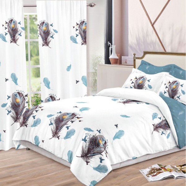 Set Lenjerie pat dublu (140x200cm, 160x200cm, 180x200cm) + 2 draperii, finet, 8 piese, Alb, Bleu, pene [1]