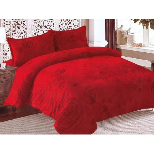 Lenjerie pat dublu, Super Pufoasa COCOLINO, 4 piese, cu ELASTIC, Roșu, trandafiri [1]