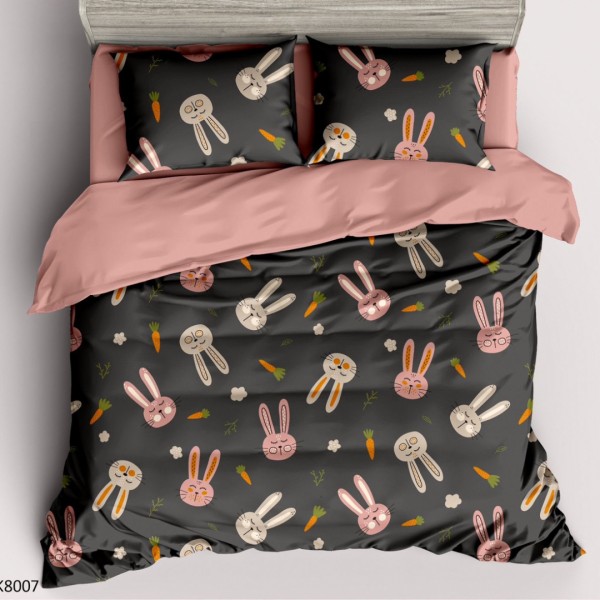 Lenjerie pat Single, BUMBAC 100% Percal, cu 2 Fețe, 4 piese, Gri, Roz, Iepurasi [1]