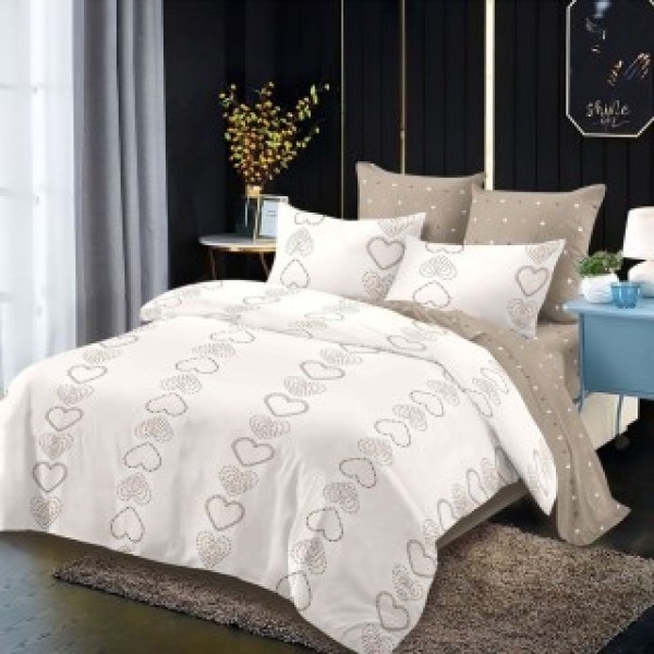 Lenjerie pat dublu,  FINET, cu elastic, 6 piese, Bej, Maro, inimioare [1]