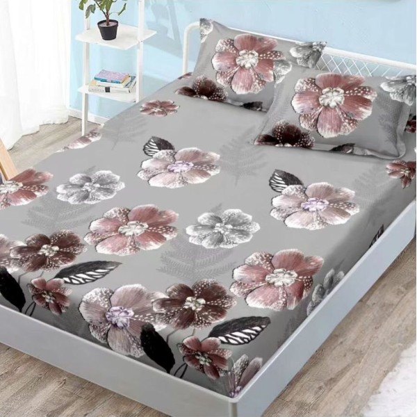 Cearsaf cu elastic, FINET, 180x200cm, 2 fete de perne 50x70cm, Gri, flori [1]