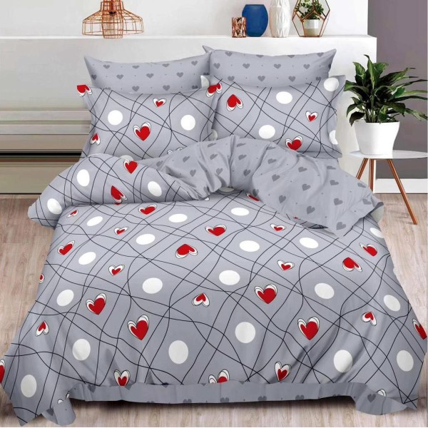 Lenjerie pat dublu (160x200cm, 180x200cm),  FINET, 6 piese, cu ELASTIC, Gri, inimioare, buline [1]