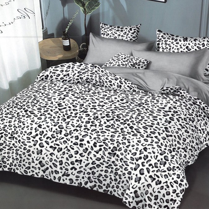 Lenjerie pat dublu, BUMBAC FINET, 6 piese, Gri, animal print