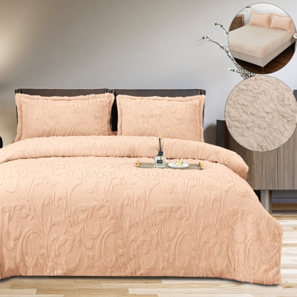 Lenjerie de pat dublu, Luxoasa si Super Pufoasa CoCoLiNo 3D, cu Blanita Sherpa, 4 Piese, Cearsaf cu Elastic – Microfibra Plusata, Caldura si Stil pentru Dormitorul Tau, Floral print, Somon [1]