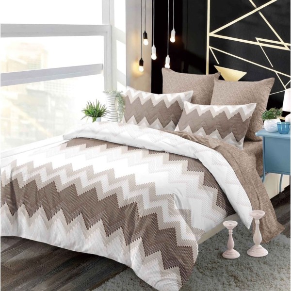 Lenjerie pat dublu,  FINET, cu elastic, 6 piese, Bej, zig-zag [1]