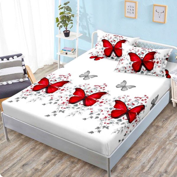Cearsaf cu elastic, FINET, 160x200cm, 2 fete de perne 50x70cm, Alb, Rosu, Fluturi – confort si eleganta pentru patul tau [1]