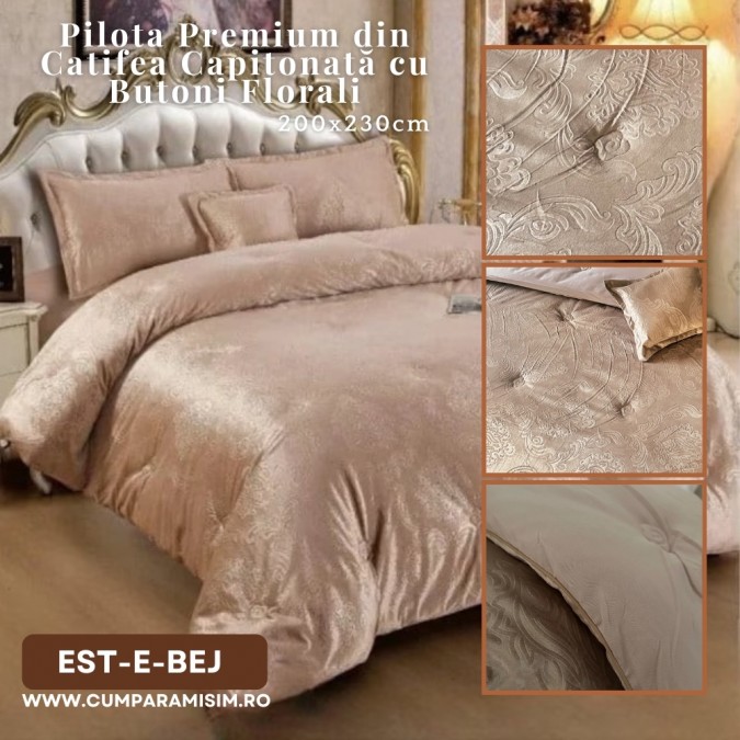 Pilota Premium, 200x230cm, din Catifea Capitonată cu Butoni Florali și Umplutură din Puf Siliconic +  3 Fete de Pernă Incluse, BEJ