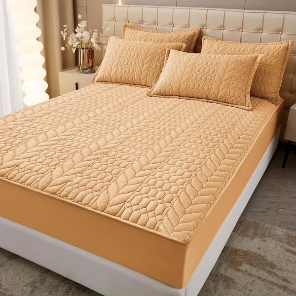 Husã matlasatã tip topper din catifea, 160x200cm + 2 fete de perna 50x70cm, camel [1]